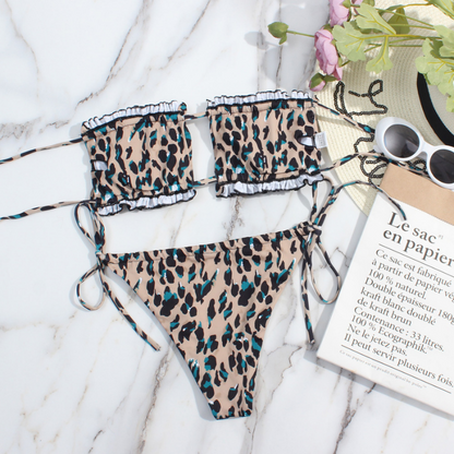 Bandeau Multi-Color Printed Top Side Tie Bottom Bikini