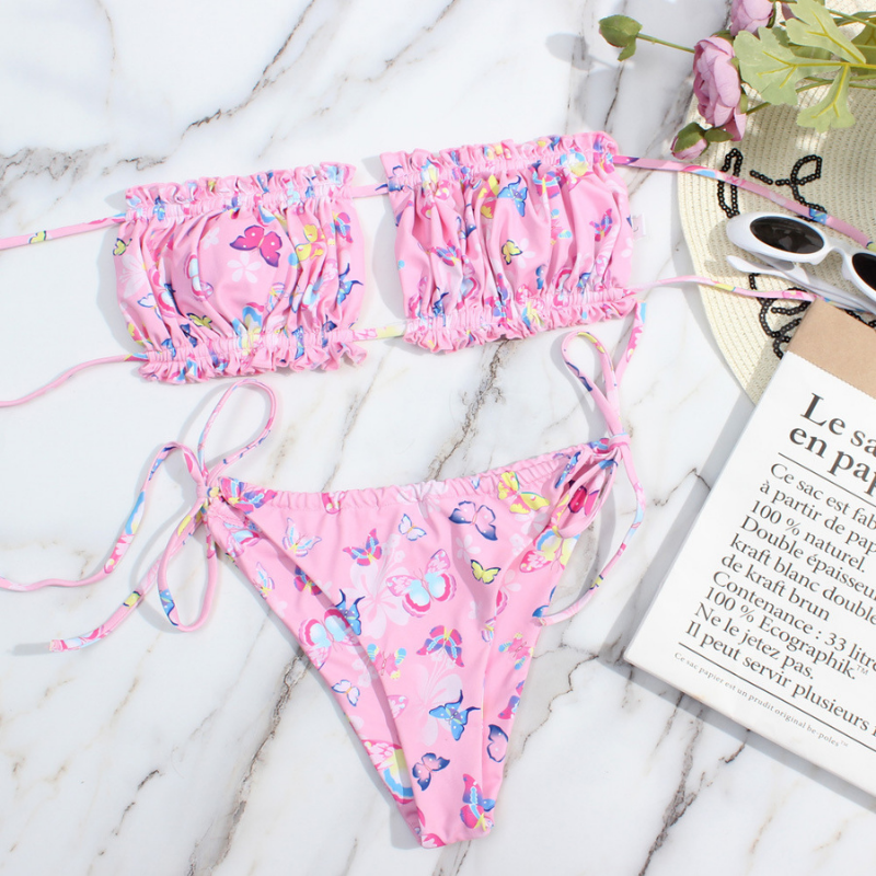 Bandeau Printed Top Side Tie Bottom Bikini