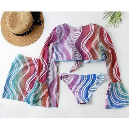 Printed Long Sleeve 3 Pieces Bikini Set With Skirt