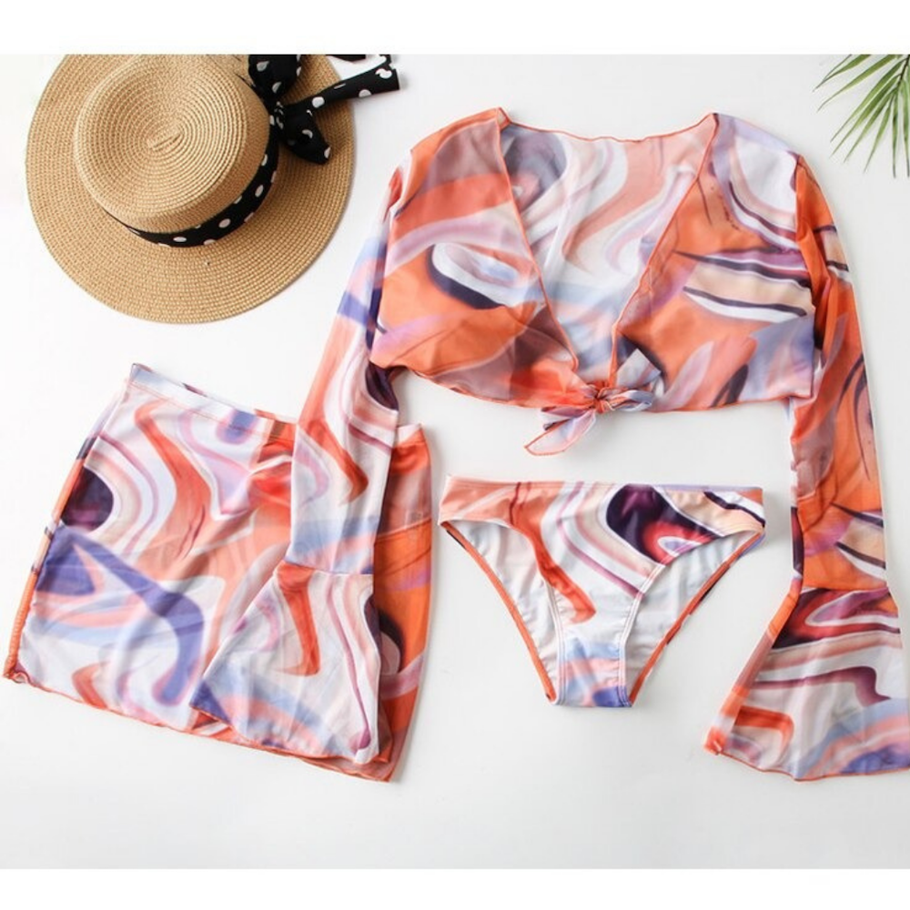 Printed Long Sleeve 3 Pieces Bikini Set With Skirt