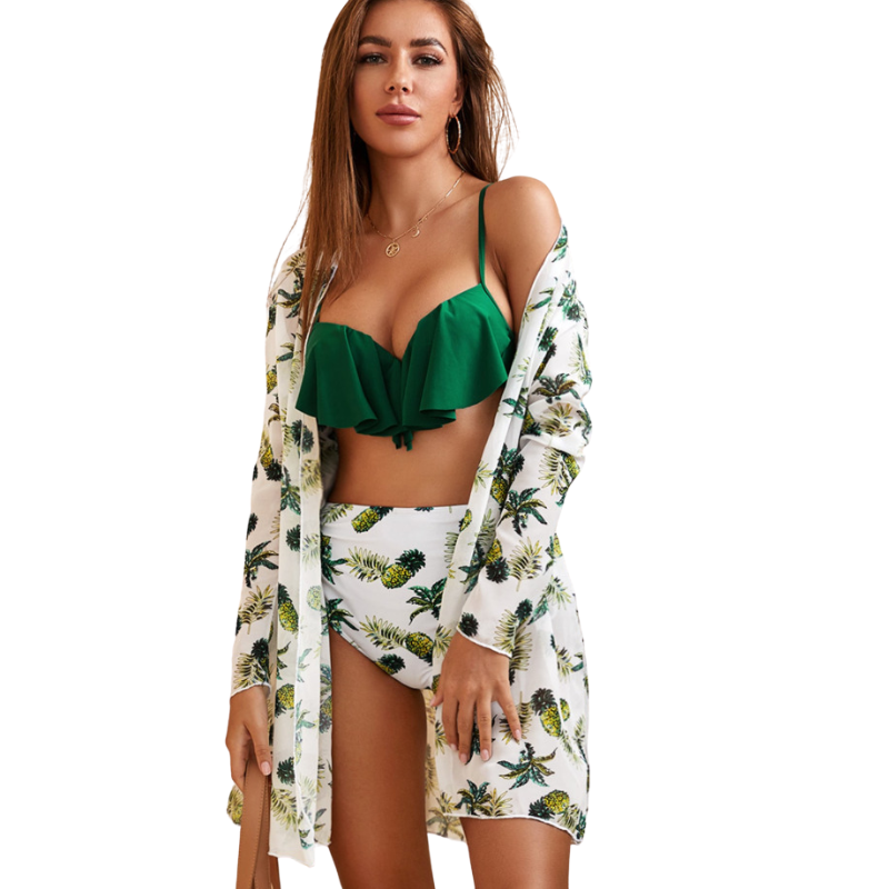 Hawaiian Print Dark Green Flounce Bralette With Shrug Bikini