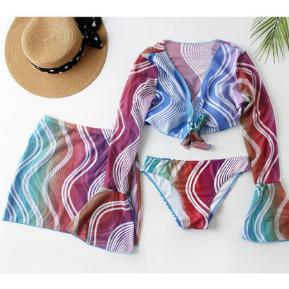 Printed Long Sleeve 3 Pieces Bikini Set With Skirt