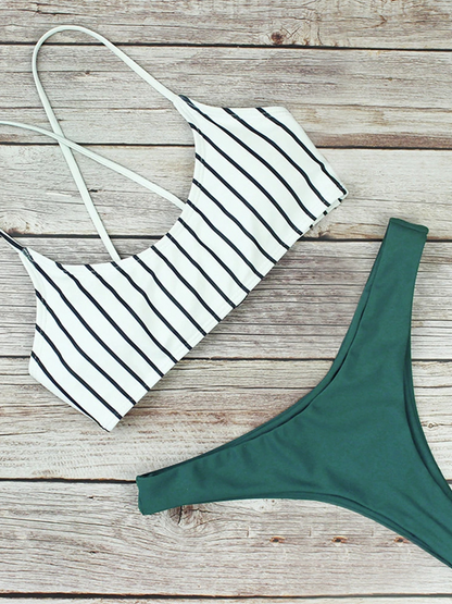 New Striped Print Bandage Lace Up Bikini