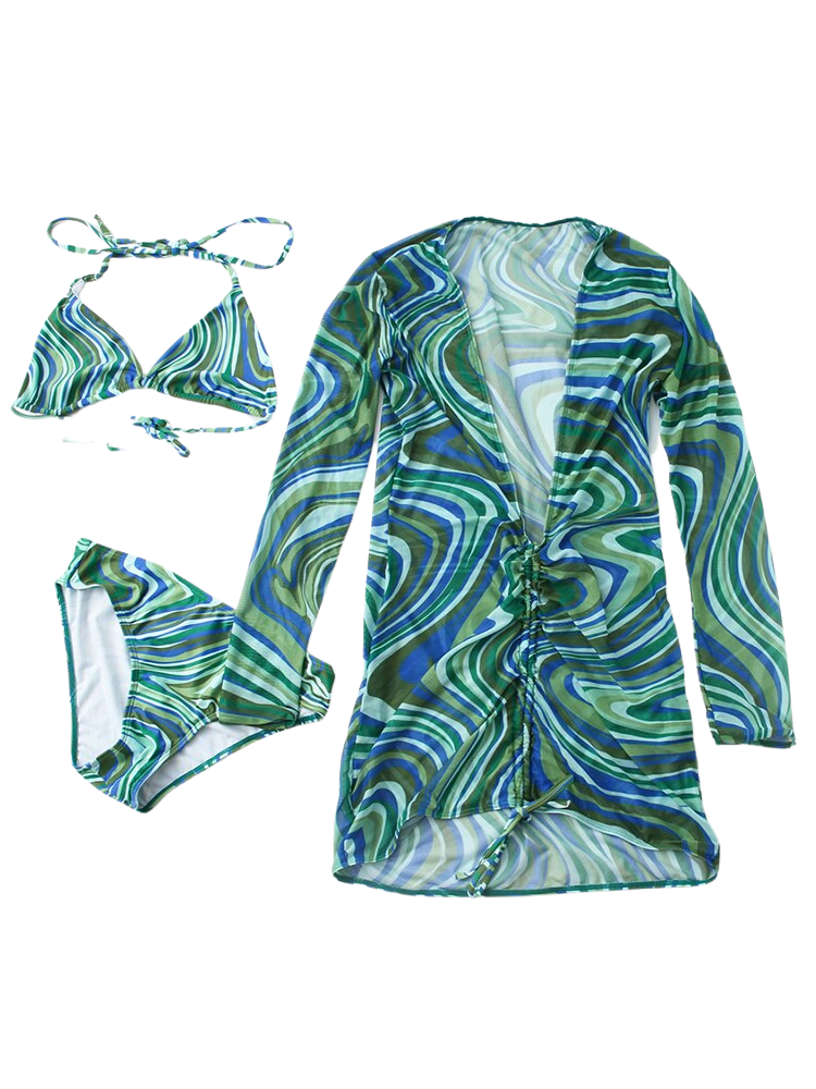 Halter Bikini With Long Sleeve Beach Cover Up