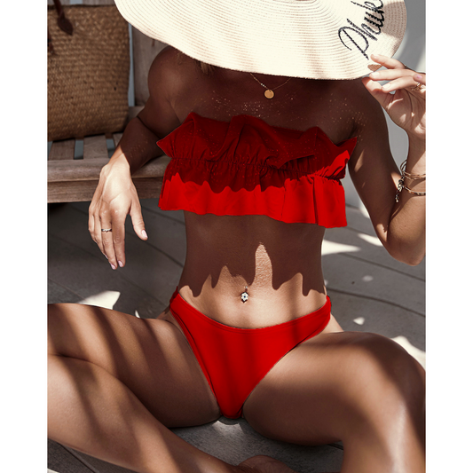 Two Piece Swimsuit Strapless Ruffle Solid Bikini