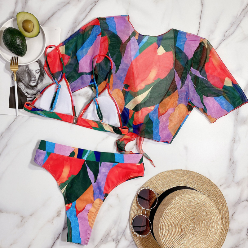 Abstract Print Multi Color With Shrug Bikini