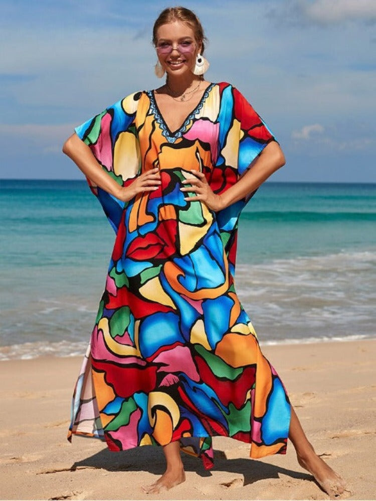 Vibrant Abstract Kaftan for Women | Printed Beach Cover Up