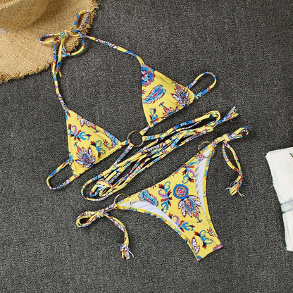 Floral Hollow Out Cross String Bikini Swimsuit Set