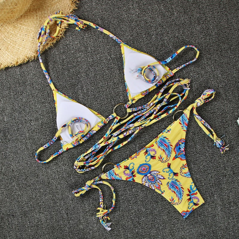 Floral Hollow Out Cross String Bikini Swimsuit Set