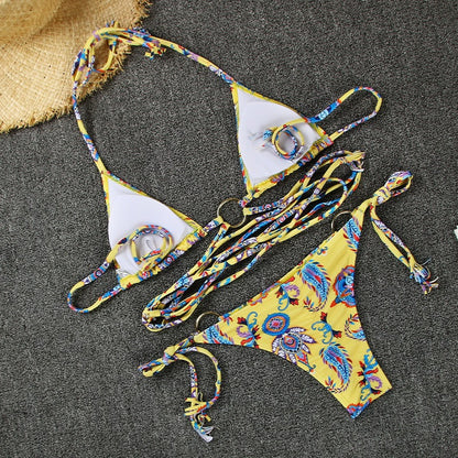 Floral Hollow Out Cross String Bikini Swimsuit Set