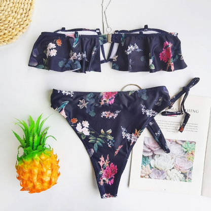 Flounce Floral Print Top Bikini