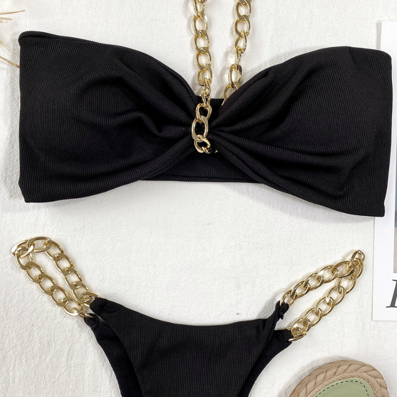 Bandeau Solid Black Chain Bikini