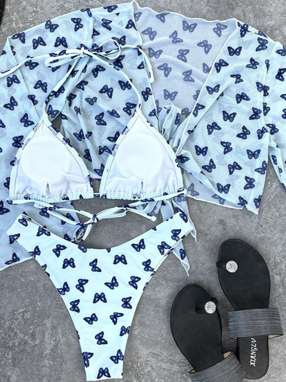 Butterfly Print Long Sleeve Three Pieces Bikini Set