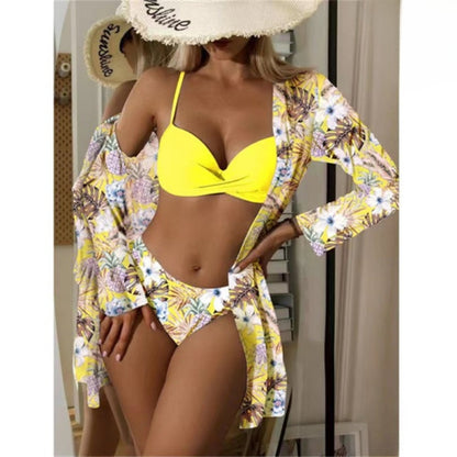 Multicolor Three Pieces Printed Cover Up Bikini For Women