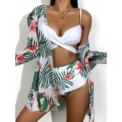 Tropical Three Pieces Printed Cover Up Bikini Set For Women