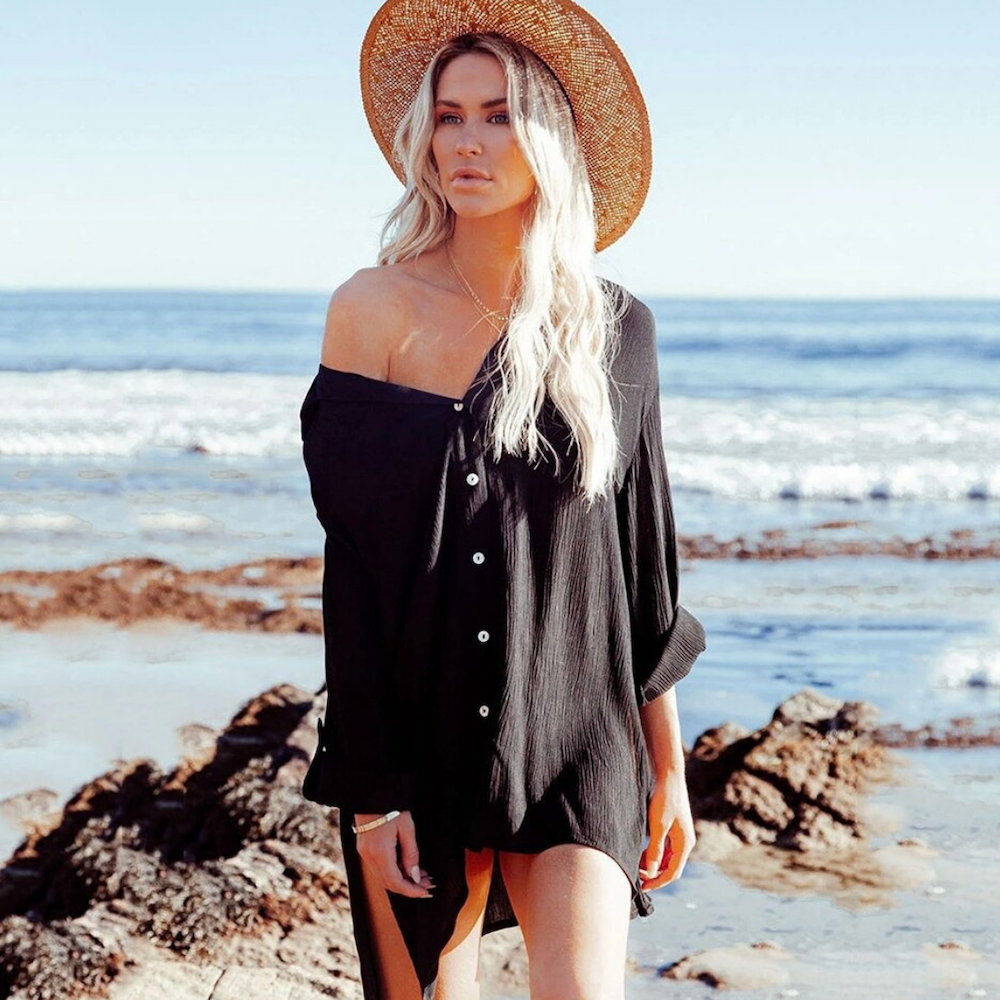 Chiffon Long Sleeve Beach Cover Up Shirt | Roll-up Sleeve Button Down  Bathing Suit Cover up