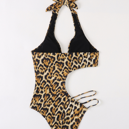 Plunge Halter Neck Leopard Print Monokini