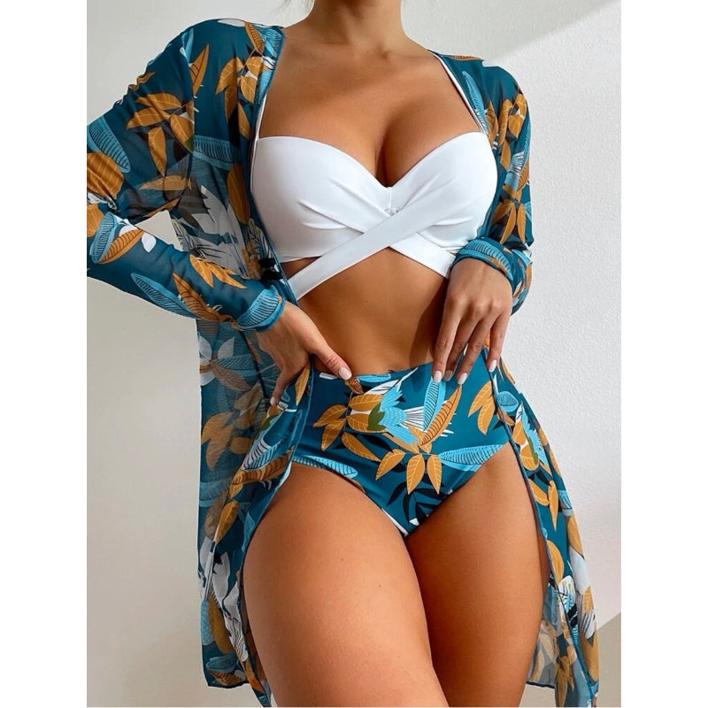 Tropical Three Pieces Printed Cover Up Bikini Set For Women