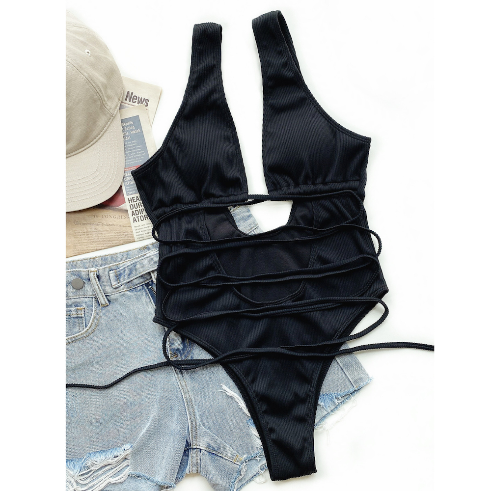 Solid Lanyard One-Piece Swimsuit