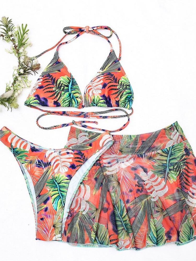 Leaf Print Three Pieces Swimwear