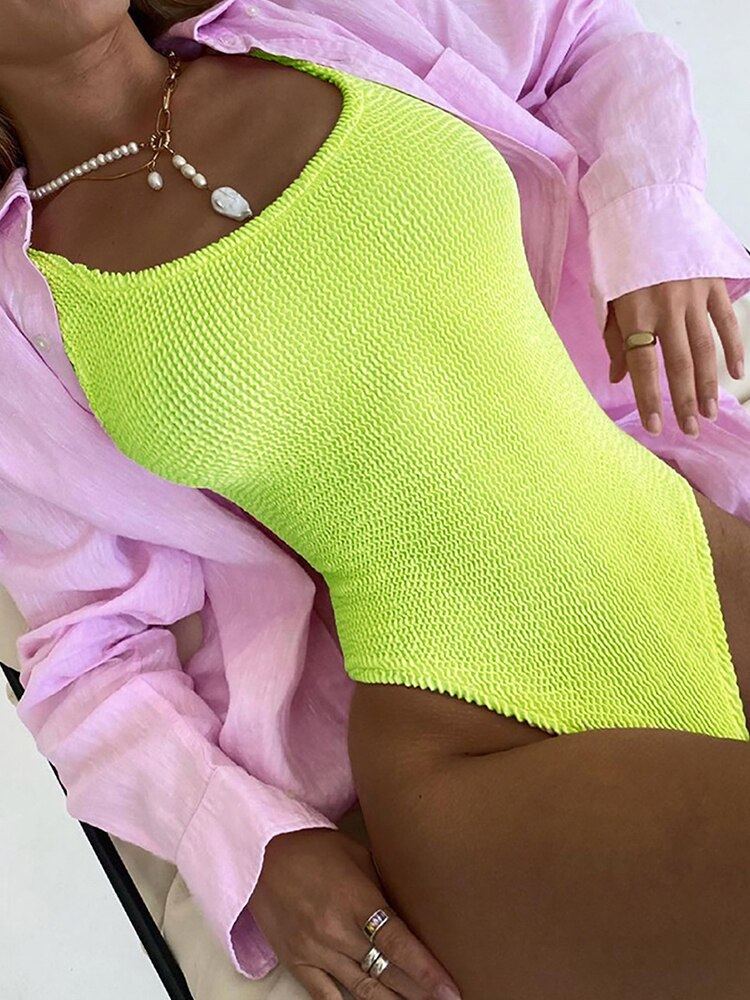 Solid Ribbed Swimwear One Piece