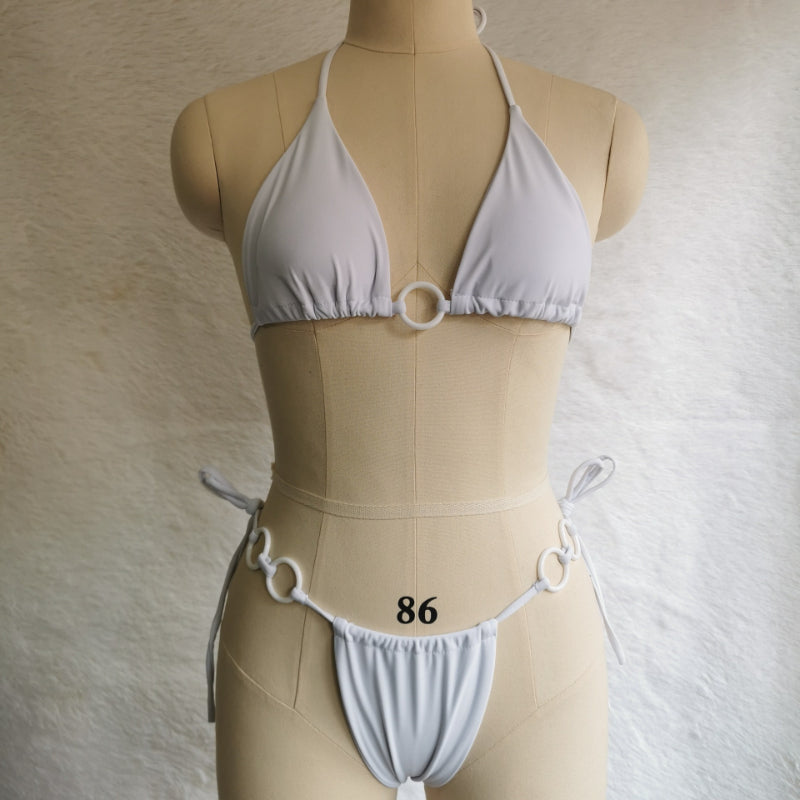 Solid Hollow Out Cross String Bikini Swimsuit Set