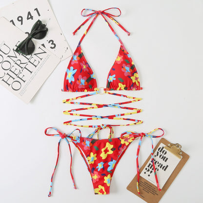 Floral Hollow Out Cross String Bikini Swimsuit Set