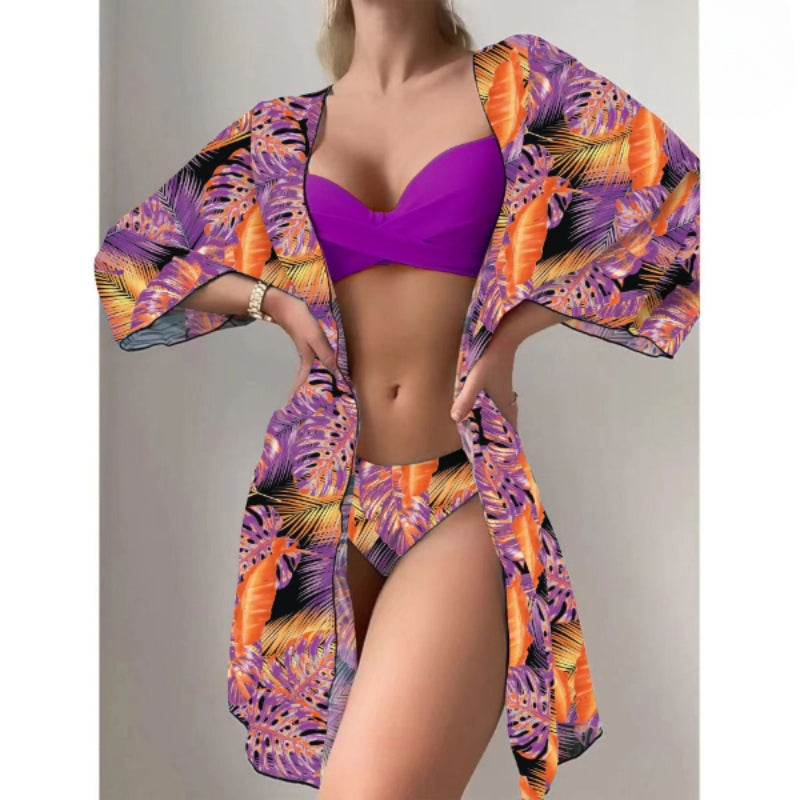 Multicolor Three Pieces Printed Cover Up Bikini For Women