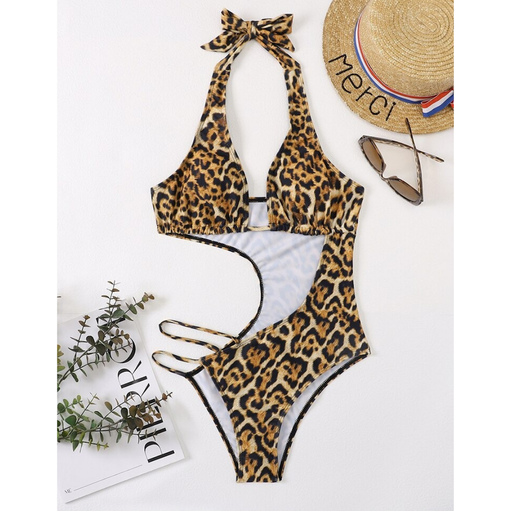 Leopard Print 1 Piece Hollow Out Swimwear