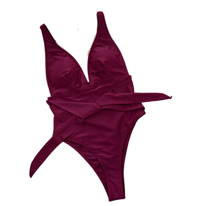 Plunge Neck Waist Knot Wine Swimsuit