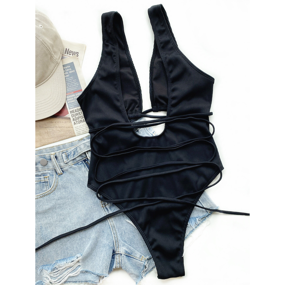 Solid Lanyard One-Piece Swimsuit