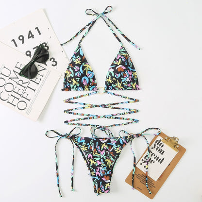 Floral Hollow Out Cross String Bikini Swimsuit Set