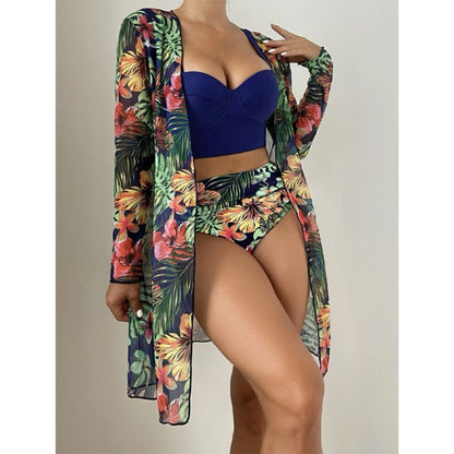 Tropical Three Pieces Printed Cover Up Bikini Set For Women