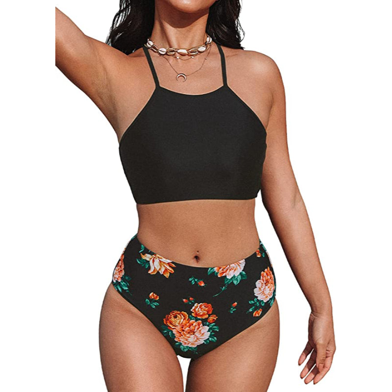 Women's Leaves Printing High-Waisted Halter Swimwear Beach Bikini