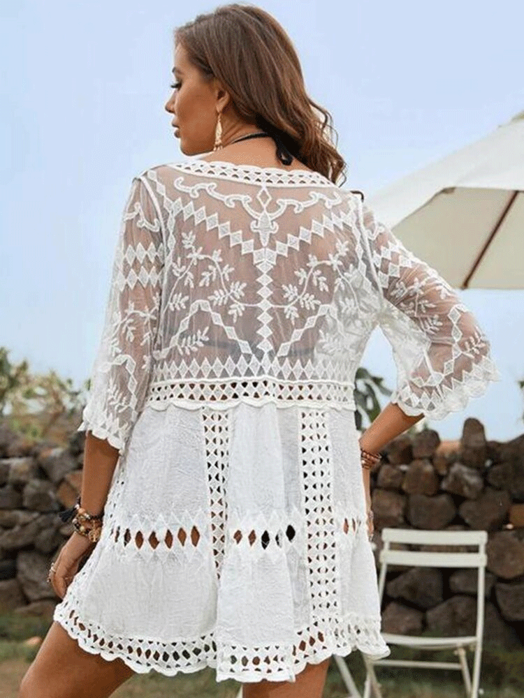 Lace Embroidered Hollow Beach Cover Up