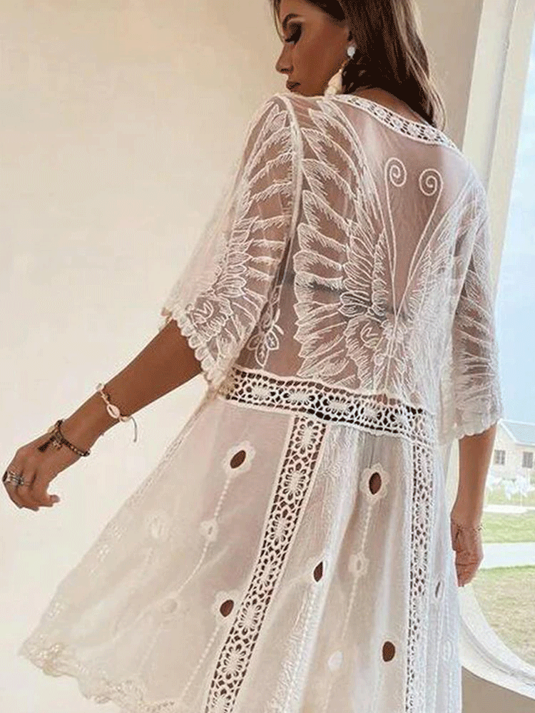 Lace Embroidered Hollow Beach Cover Up