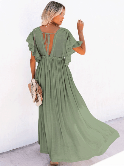 V Neck Solid Boho Beach Dress