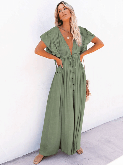 V Neck Solid Boho Beach Dress