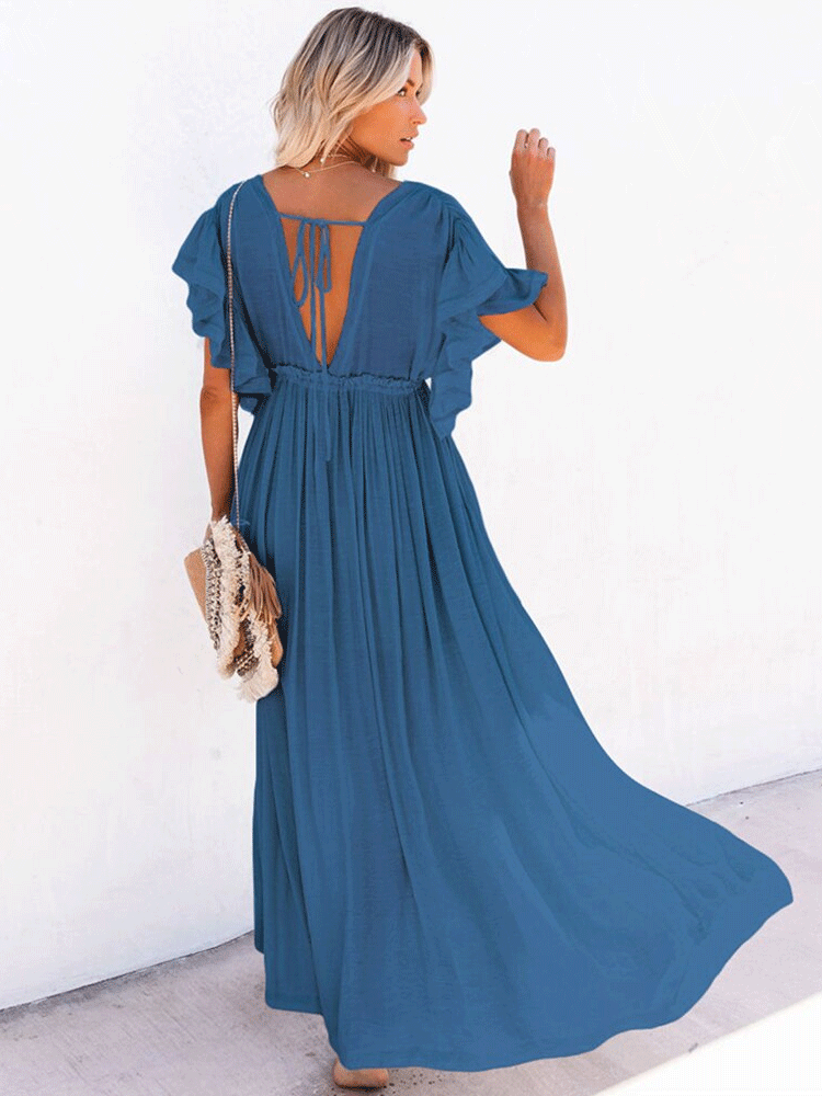 V Neck Solid Boho Beach Dress