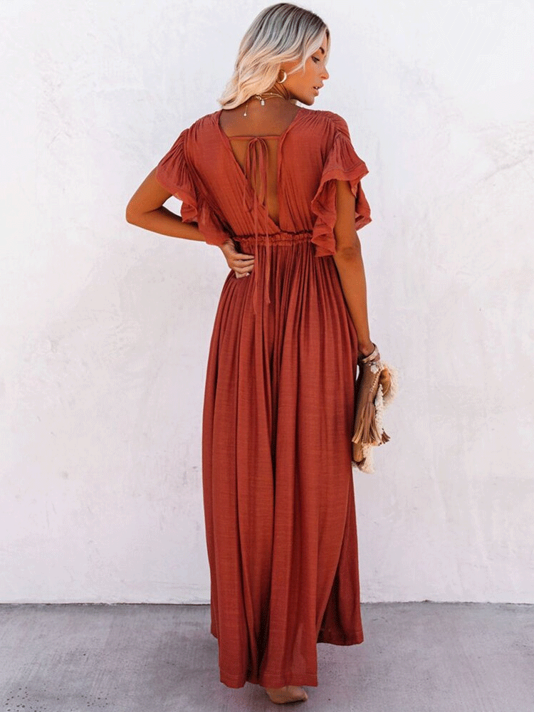 V Neck Solid Boho Beach Dress