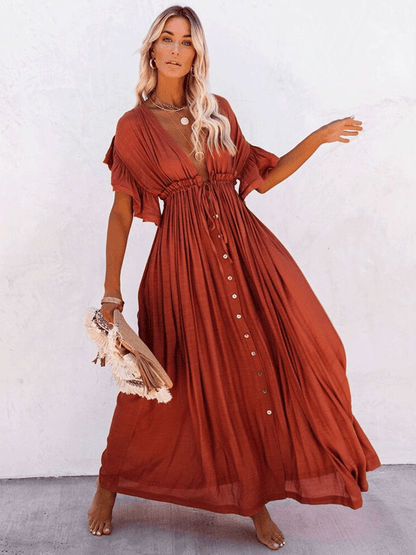 V Neck Solid Boho Beach Dress