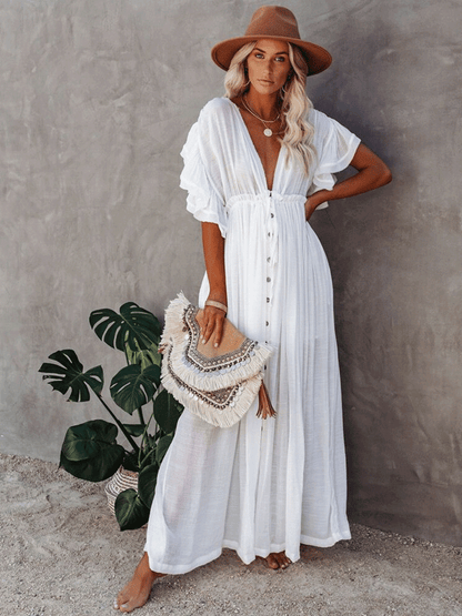 V Neck Solid Boho Beach Dress