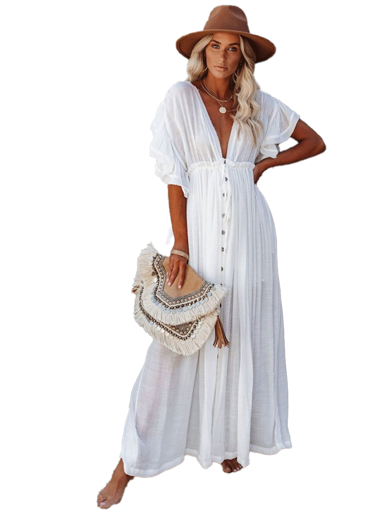 V Neck Solid Boho Beach Dress