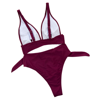 Plunge Neck Waist Knot Wine Swimsuit