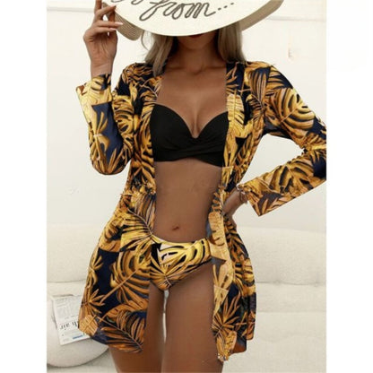 Multicolor Three Pieces Printed Cover Up Bikini For Women