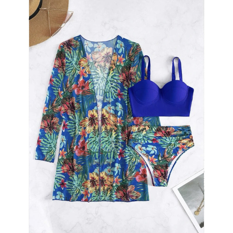 Three Pieces Printed Cover Up Bikini For Women