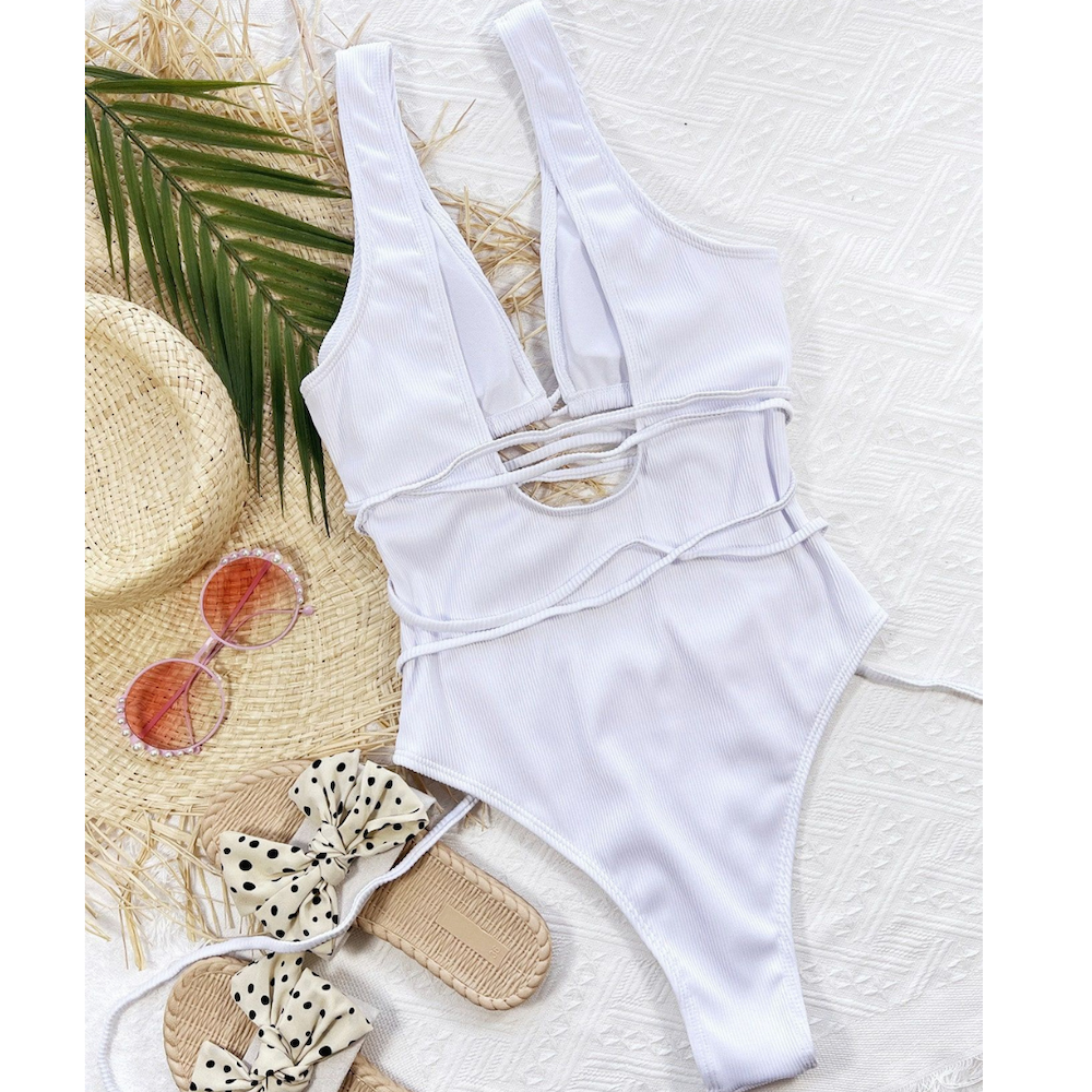 Solid Lanyard One-Piece Swimsuit