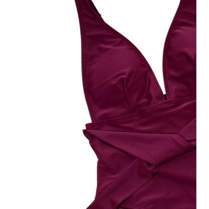 Plunge Neck Waist Knot Wine Swimsuit