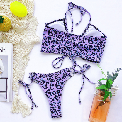 Front String Tie Leopard Print Bikini