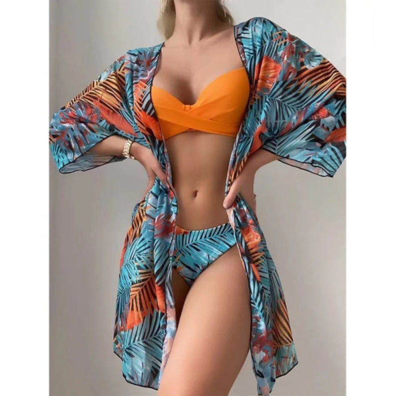 Three Piece Printed Cover Bikini For Women